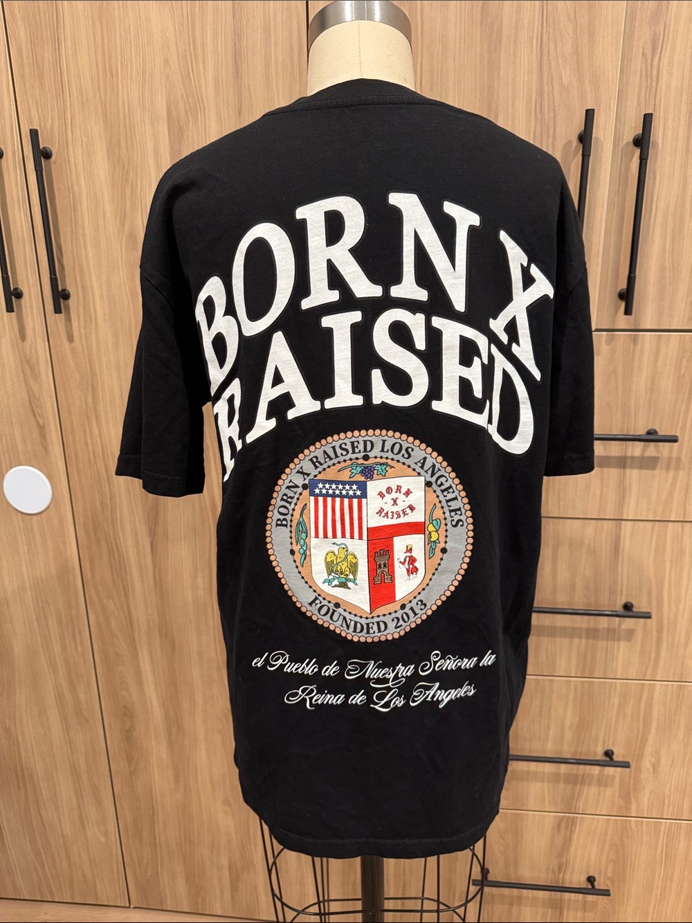 BORN X RAISED Black Crewneck Tee with White Chest Emblem